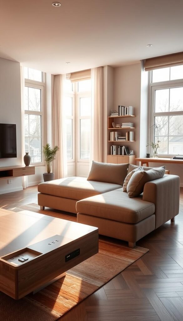 A cozy apartment interior, flooded with warm, natural lighting from large windows. In the foreground, a sleek, multifunctional coffee table with hidden storage compartments and integrated power outlets. A modular sofa in a neutral tone seamlessly blends into the middle ground, its chaise longue providing extra seating. Mounted on the wall, a floating TV stand with concealed cable management. In the background, a compact desk with a minimalist design, doubling as a workspace and a dining table. Bookshelves and decorative items add personal touches, creating a harmonious, space-efficient living environment.