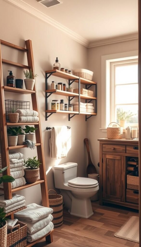 A cozy bathroom interior with an abundance of creative storage solutions. In the foreground, a sturdy wooden ladder-style shelving unit displays an assortment of neatly organized towels, plants, and decorative accents. The middle ground features a set of minimalist floating shelves mounted on the wall, housing a variety of jars, baskets, and personal care items. In the background, a freestanding cabinet with multiple drawers and cabinets provides ample hidden storage space, complementing the overall rustic and functional aesthetic. Warm, natural lighting filters through a large window, casting a soft glow and highlighting the textures of the wood and woven elements. The overall atmosphere conveys a sense of order, practicality, and stylish domesticity. A cozy bathroom interior with an abundance of creative storage solutions. In the foreground, a sturdy wooden ladder-style shelving unit displays an assortment of neatly organized towels, plants, and decorative accents. The middle ground features a set of minimalist floating shelves mounted on the wall, housing a variety of jars, baskets, and personal care items. In the background, a freestanding cabinet with multiple drawers and cabinets provides ample hidden storage space, complementing the overall rustic and functional aesthetic. Warm, natural lighting filters through a large window, casting a soft glow and highlighting the textures of the wood and woven elements. The overall atmosphere conveys a sense of order, practicality, and stylish domesticity.