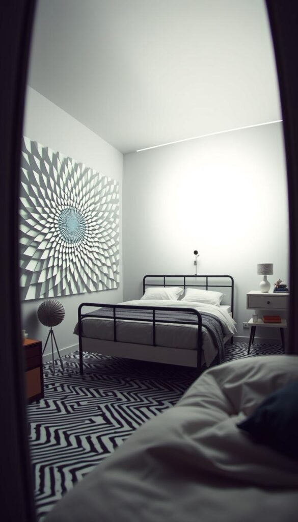 A cozy bedroom filled with mesmerizing optical illusions, creating a captivating and visually dynamic space. In the foreground, a captivating wall display showcases a series of geometric patterns that appear to shift and transform, drawing the eye inward. The middle ground features a minimalist bedframe complemented by a floating nightstand, both adorned with subtle trompe-l'oeil elements that challenge the viewer's perception of depth and perspective. The background is dominated by a soothing, diffused light that casts a gentle glow, heightening the sense of visual enchantment. Captured with a wide-angle lens, the scene invites the viewer to immerse themselves in a carefully curated illusion of space and dimension.
