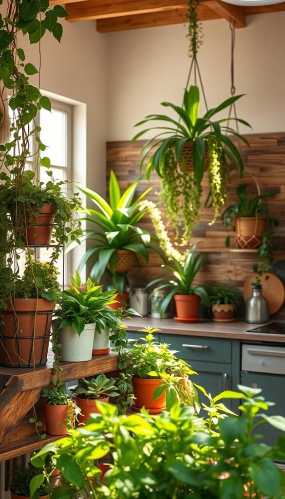 A cozy bohemian kitchen, sunlight streaming through large windows, casting a warm glow on the lush greenery. In the foreground, a collection of potted plants - trailing vines, vibrant succulents, and fragrant herbs - artfully arranged on a rustic wooden shelf. The middle ground features a mix of potted palms, monstera leaves, and trailing ivy cascading from hanging baskets. In the background, a reclaimed wood accent wall provides a natural, earthy backdrop, complemented by the soft, diffused lighting. The overall scene evokes a sense of tranquility, inviting you to slow down and savor the vibrant, lively presence of nature in this vibrant, playful space.