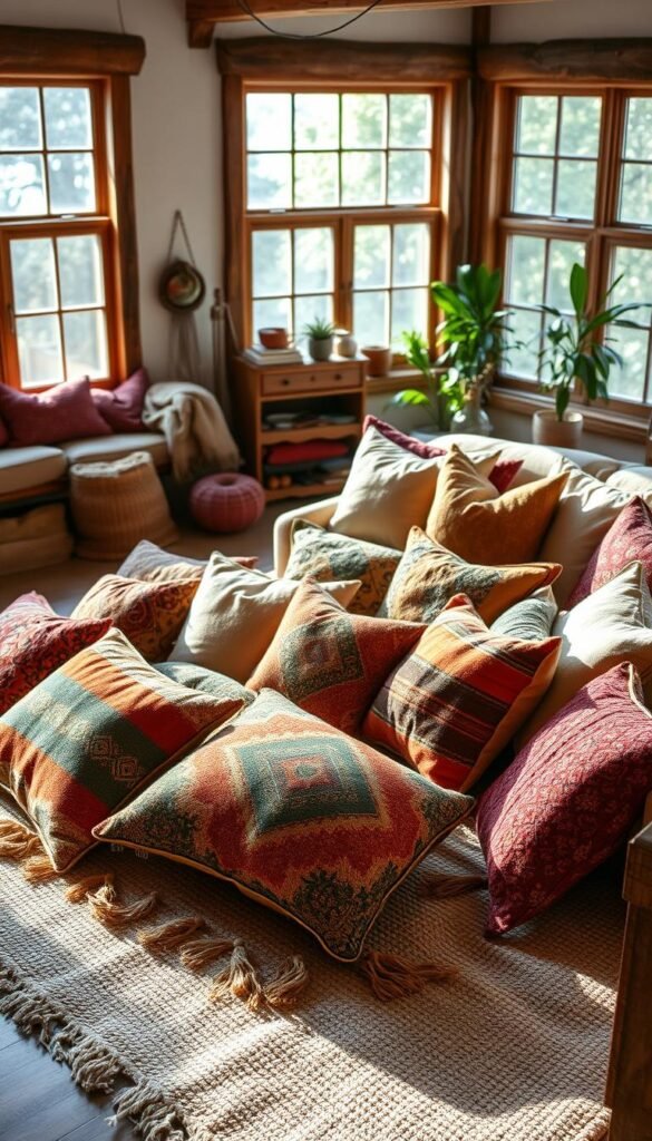 A cozy bohemian living room filled with a collection of handmade throw pillows in rich, earthy tones. The pillows are arranged artfully on a plush, textured area rug, complementing the rustic wooden furniture and natural light streaming in through large windows. Soft, diffused lighting creates a warm, inviting ambiance, highlighting the intricate patterns and textures of the handcrafted pillows. A sense of effortless style and personal expression radiates throughout the space, reflecting the creativity and sustainability of the DIY upcycling project.