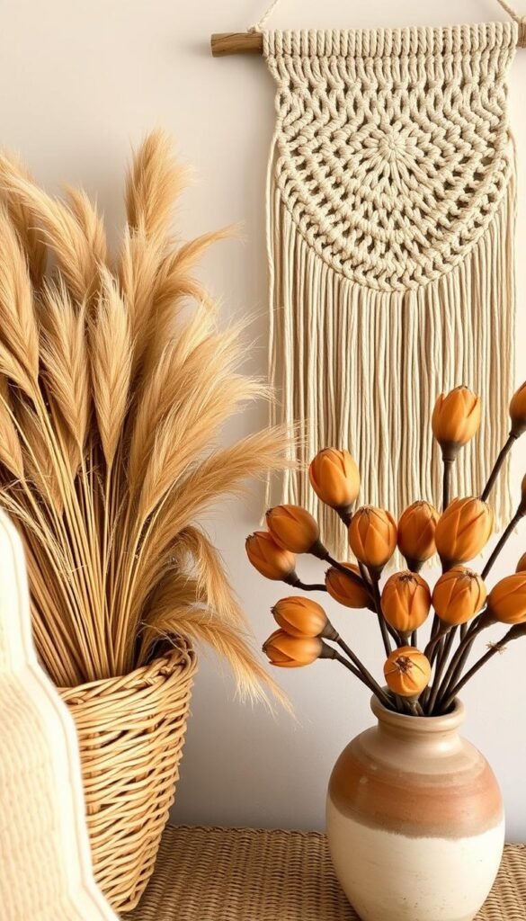A cozy boho arrangement of natural materials: a woven rattan basket overflowing with dried pampas grass, a jute macrame wall hanging, and a ceramic vase filled with dried ochre-hued protea flowers. Soft, diffused lighting creates a warm, inviting atmosphere. The scene is captured from a mid-level angle, showcasing the layered textures and earthy tones that embody the authentic boho aesthetic.