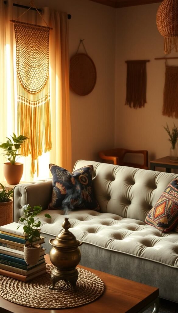 A cozy boho-chic living room scene, illuminated by warm, natural light filtering through sheer curtains. In the foreground, an artfully arranged collection of essential decor items - a woven macrame wall hanging, a terracotta planter with a lush houseplant, a stack of vintage books, and a brass incense burner emitting wispy tendrils of fragrant smoke. The middle ground features a plush, tufted velvet sofa adorned with an array of colorful bohemian-inspired throw pillows. In the background, a mix of natural textures such as a jute area rug, a wooden side table, and a rattan accent chair create a harmonious, earthy ambiance. The overall scene exudes a sense of relaxed, lived-in elegance that perfectly captures the essence of boho-chic style.
