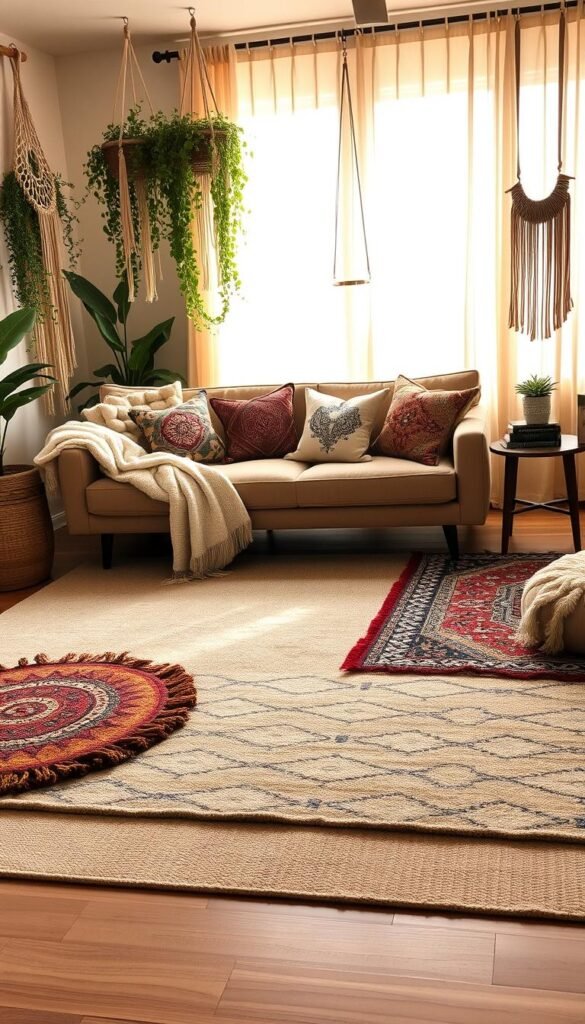 A cozy boho-chic living room with a large, neutral-toned base rug. The rug has a subtle, organic pattern that grounds the space. Layered atop it are smaller, colorful accent rugs in various textures and patterns, creating a visually interesting and inviting arrangement. Plush, tufted throw pillows in earthy tones and bohemian prints are scattered across a low-profile, mid-century modern sofa. Lush, trailing plants hang from macrame wall hangings, and a wooden side table holds a stack of vintage books and a potted succulent. Warm, diffused lighting filters in through sheer curtains, casting a soft, golden glow over the entire scene. The overall atmosphere is one of relaxed, comfortable sophistication.