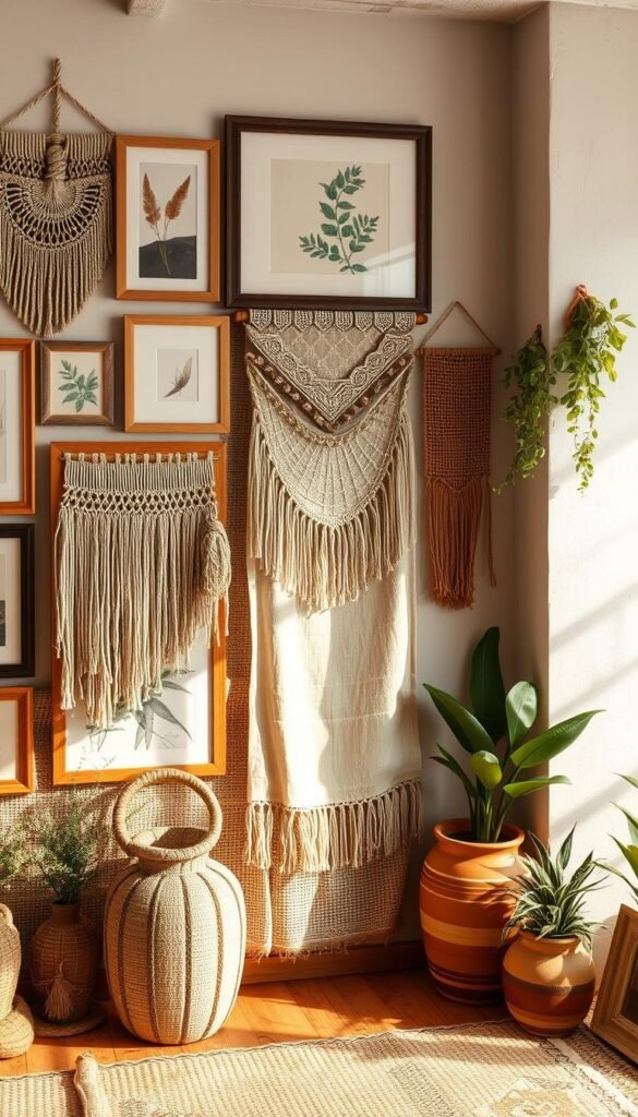 A cozy boho gallery wall with warm, earthy textures and a touch of vintage charm. In the foreground, various framed artworks and wall hangings - macrame, woven tapestries, botanical prints - arranged in an artful, asymmetrical layout. The middle ground features textured surfaces like weathered wood, linen, and jute, creating a visually interesting backdrop. Warm, diffused lighting casts a soft, golden glow, enhancing the organic, inviting atmosphere. In the background, hints of greenery, terracotta pots, and other natural elements blend seamlessly, evoking a serene, bohemian ambiance. The overall composition exudes a relaxed, creative vibe that inspires the viewer to curate their own unique gallery wall.