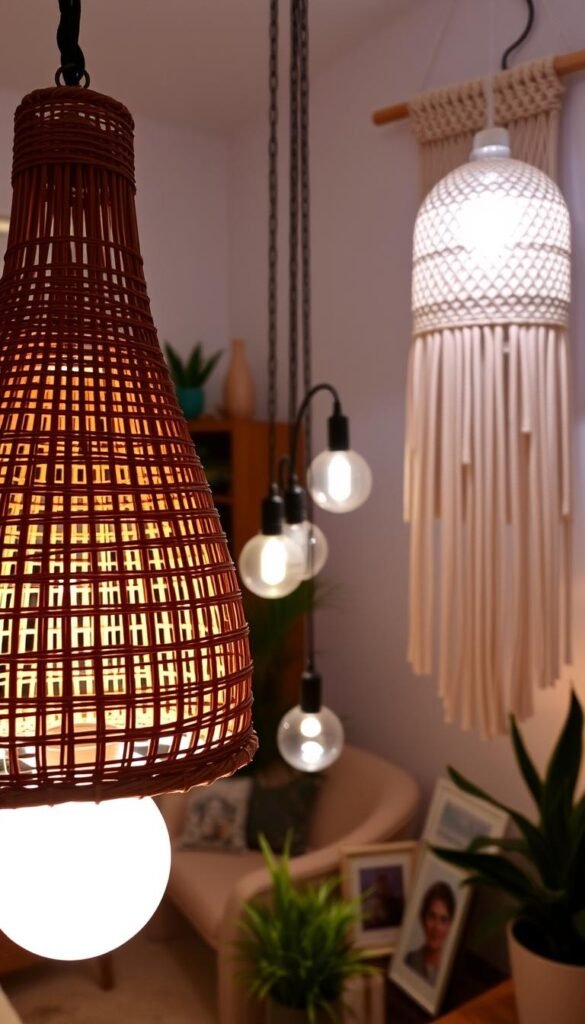 A cozy boho-inspired living room setting, illuminated by an eclectic mix of lighting elements. In the foreground, a rattan pendant lamp casts a warm, ambient glow, its natural textures complementing the surrounding decor. Midground, a trio of hanging glass orb lights, their soft light filtering through the translucent globes. In the background, a wall-mounted macrame light fixture adds a touch of bohemian flair, its intricate woven pattern casting an ethereal pattern on the walls. The overall mood is one of relaxed elegance, with the varied lighting sources creating a layered, inviting atmosphere.