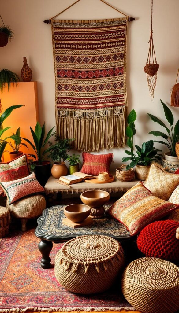 A cozy boho-inspired room with globally-sourced textiles and decor. In the foreground, a large woven tapestry or macrame wall hanging in earthy tones and intricate patterns hangs prominently. In the middle ground, an ornate handcrafted coffee table is adorned with carved wooden bowls, woven baskets, and textured throw pillows in vibrant hues. The background features a mix of potted plants, woven floor poufs, and a vintage kilim rug underfoot. The lighting is warm and ambient, casting a soft glow throughout the space. The overall atmosphere evokes a sense of worldly comfort and cultural richness.