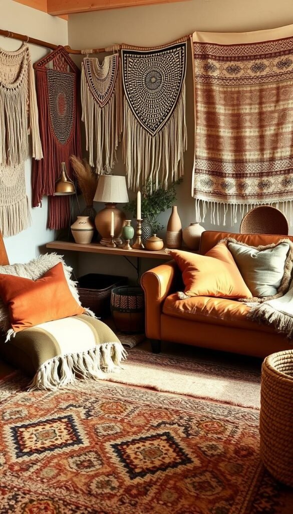 A cozy boho-inspired space with layered vintage textiles. In the foreground, plush woven rugs in earthy tones and intricate patterns create a warm, inviting foundation. Soft, fringed pillows in muted hues of rust, mustard, and sage adorn a worn leather sofa, emanating a lived-in, eclectic charm. In the middle ground, a wooden side table displays an assortment of vintage finds - ceramic vases, brass candlesticks, and woven baskets, all casting a gentle glow under soft, diffused lighting. The background features a wall adorned with hanging textiles - macrame wall hangings, hand-embroidered tapestries, and patchwork quilts, creating a layered, bohemian ambiance. The overall scene is bathed in warm, natural tones and a sense of timeless, earthy elegance.