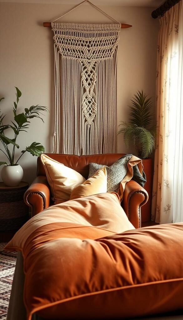 A cozy boho living room filled with lush layered textures and patterns. In the foreground, plush velvety pillows in earthy tones sit atop a distressed leather armchair. Behind it, a macrame wall hanging cascades down, its intricate knotted patterns casting playful shadows. In the middle ground, a woven area rug in a bold ikat design grounds the space. In the background, sheer curtains billow gently, their delicate floral print adding a touch of softness. Warm lighting filters through, creating a sense of depth and atmosphere. The overall mood is one of effortless, bohemian sophistication.
