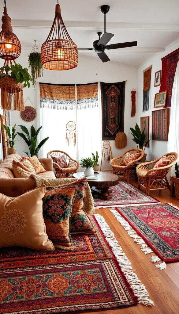 A cozy boho living room with a layered arrangement of colorful patterned rugs covering the hardwood floor. In the foreground, plush velvet throw pillows in earthy tones and intricate bohemian designs sit atop a plush sofa. Hanging from the ceiling, macrame plant holders and woven pendant lights cast a warm, ambient glow. In the middle ground, a carved wooden coffee table is surrounded by rattan chairs upholstered in vibrant textiles. The background reveals whitewashed walls adorned with tapestries, dreamcatchers, and framed global artwork, creating an eclectic, culturally-inspired aesthetic. Soft natural light filters through sheer curtains, evoking a serene, inviting atmosphere.