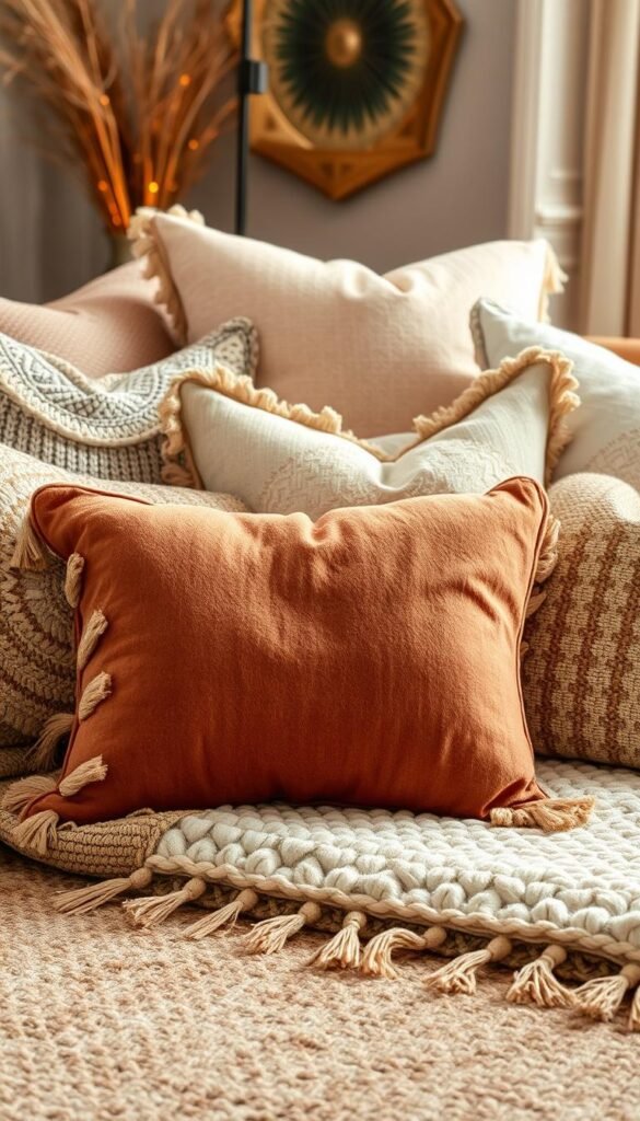 A cozy boho living room with a plush layered rug and an arrangement of decorative pillows in a variety of natural textures and earthy hues. The pillows feature intricate woven patterns, tasseled edges, and soft velvet and linen fabrics. Warm, diffused lighting from a nearby floor lamp casts a gentle glow, creating a serene and inviting atmosphere. The pillows are artfully positioned to create a visually dynamic and comfortable seating area, perfectly capturing the essence of bohemian-inspired home decor.