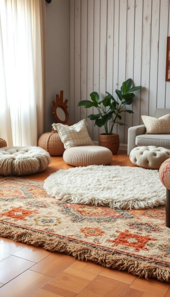 A cozy boho living room with a plush, layered rug as the focal point. In the foreground, a large, patterned area rug in earthy tones of ochre, terracotta, and sage green covers the hardwood floor. In the middle ground, a smaller, round shag rug in a neutral beige tone overlaps the edges of the larger rug, adding texture and depth. The background features a wall with a rustic, whitewashed wood paneling, accentuated by the warm, diffused lighting filtering through sheer, bohemian-style curtains. Plush, tufted throw pillows in complementary colors and patterns are scattered around the space, creating a inviting, lived-in ambiance. The overall scene exudes a relaxed, cozy, and artfully curated aesthetic.
