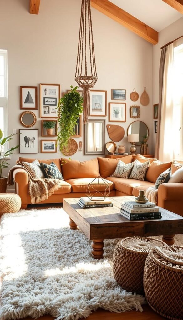 A cozy boho living space with warm, natural lighting streaming through large windows. In the foreground, a plush, earthy-toned sectional sofa with an assortment of patterned throw pillows and a woven blanket. Hanging from the ceiling, a macrame plant holder suspends a lush, trailing plant. In the middle ground, a reclaimed wood coffee table with a brass geometric terrarium and stacks of coffee table books. Behind, a gallery wall featuring an eclectic mix of framed wall art, mirrors, and decorative shelves. The space is finished with a fluffy shag rug, woven poufs, and a mix of rattan and wicker decor elements that create a relaxed, inviting atmosphere.
