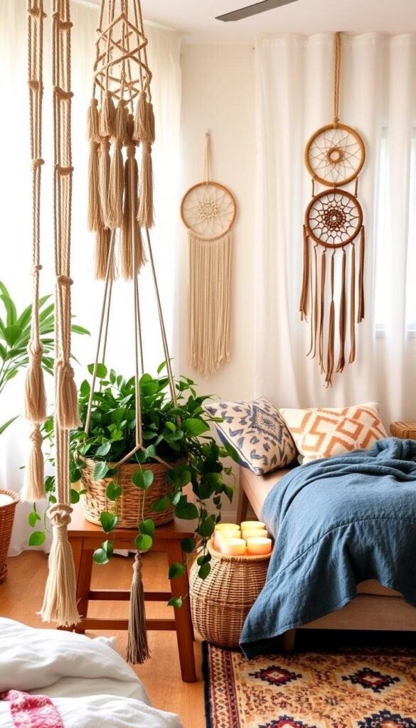 A cozy boho-style bedroom with an array of vibrant, handcrafted home decor projects. In the foreground, a macrame wall hanging with tassels and natural fibers cascades from the ceiling. Nearby, a woven basket planter bursting with lush greenery sits atop a wooden side table. In the middle ground, a DIY dreamcatcher in earthy tones hangs on the wall, accented by a cluster of gently flickering tea light candles. The background features a plush, patterned area rug and sheer curtains blowing softly in the natural light, creating a warm, inviting atmosphere perfect for a DIY boho oasis.