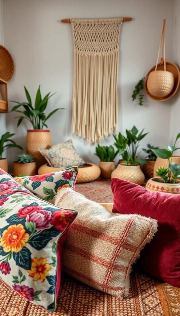 A cozy boho-style space with a layered textured decor. In the foreground, plush, colorful throw pillows in an array of patterns and textures - vintage floral, ikat, macrame, and velvet. In the middle ground, a large, hand-woven area rug in earthy tones, layered with a smaller patterned rug. Hanging above, a macrame wall hanging casts soft, diffused lighting. In the background, a textured woven basket, potted plants, and other natural elements create a warm, lived-in atmosphere. The scene is captured with a wide-angle lens, highlighting the depth and visual interest of the layered decor.