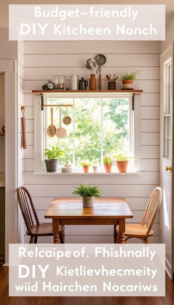 A cozy, budget-friendly DIY kitchen nook with rustic farmhouse charm. In the foreground, a small wooden table with mismatched vintage chairs, a simple yet charming centerpiece. In the middle, whitewashed shiplap walls, a wall-mounted open shelving unit displaying an eclectic mix of cooking utensils and potted plants. The background features a large window overlooking a lush garden, casting warm, natural lighting throughout the space. Subtle textures and distressed finishes create a lived-in, homely ambiance. The overall atmosphere is one of relaxed, farmhouse-inspired functionality and comfort.