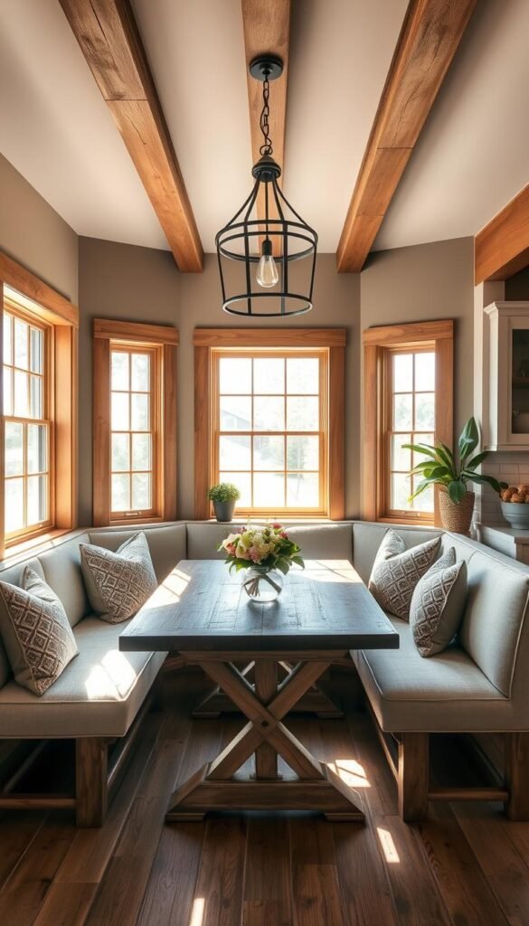 A cozy corner breakfast nook in a modern farmhouse kitchen, bathed in warm, natural light streaming through large windows. Rustic wooden table with distressed finish, surrounded by plush upholstered benches in a neutral palette. Decorative throw pillows add textural contrast. Overhead, a wrought iron pendant light casts a soft, ambient glow. The walls are painted in a soothing, earthy tone, complemented by exposed wooden beams. Potted greenery and a vase of fresh-cut flowers lend a touch of organic charm. The scene conveys a sense of welcoming comfort and casual elegance, perfect for relaxed family meals.