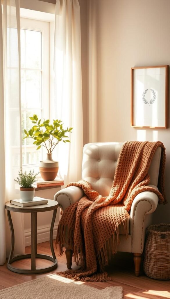 A cozy corner filled with a warm, inviting color palette. Soft, natural light filters through sheer curtains, casting a gentle glow on a plush armchair and a knitted throw blanket in earthy tones. A vintage-inspired side table holds a potted plant and a stack of well-worn books. In the background, a neutral-toned wall is adorned with a simple, rustic-inspired artwork. The overall atmosphere is one of comfort and relaxation, perfectly suited for a modern farmhouse kitchen nook.