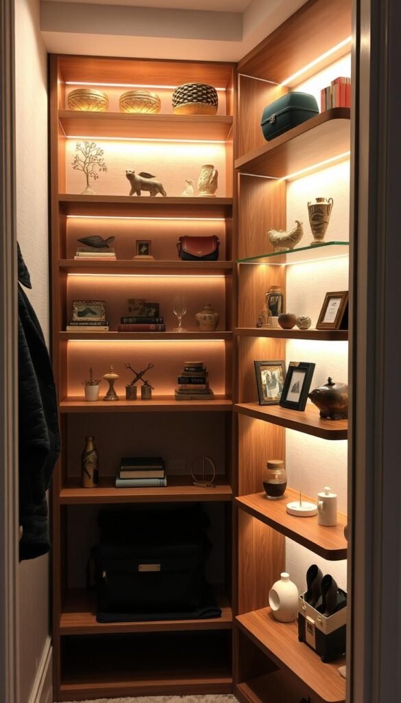A cozy corner shelving unit, its sleek wooden frames accentuated by warm, ambient lighting. The shelves display an assortment of small trinkets, decorative accents, and personal knick-knacks, each item carefully curated to create a visually harmonious display. The arrangement is complemented by a subtle, textural backdrop, perhaps a neutral-toned wall or a muted, geometric pattern, allowing the shelves and their contents to take center stage. The overall scene conveys a sense of organization, functionality, and a touch of personal style - the perfect solution for optimizing storage in a small closet space.