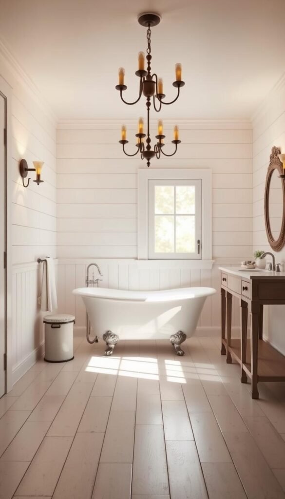 A cozy farmhouse bathroom bathed in warm, golden light from rustic wall sconces and a chandelier overhead. The walls are covered in whitewashed shiplap, creating a serene, relaxing ambiance. A claw-foot tub sits in the center, casting long shadows on the floor. Vintage-inspired tile lines the walls, accented by a simple, elegant vanity with an ornate mirror. Soft, natural light filters in through a large window, illuminating the space with a gentle glow. The overall mood is one of timeless comfort and tranquility, perfect for a relaxing spa-like retreat.
