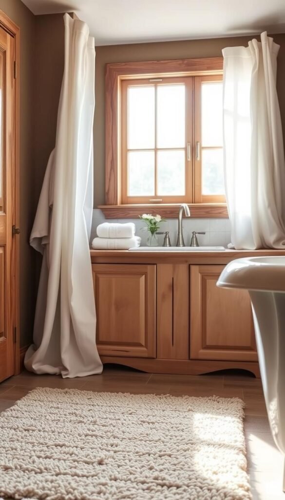 A cozy farmhouse bathroom, warm and inviting. In the foreground, a plush, textured bath mat in a muted neutral tone, its soft fibers inviting bare feet. On the vanity, a set of fluffy white towels, their surfaces dotted with delicate embroidered patterns. Flowing linen curtains frame the window, letting in soft, diffused natural light that casts a gentle glow over the space. The walls are painted in a muted, earthy tone, complementing the rustic wooden accents. The overall atmosphere is one of comfort and relaxation, evoking a soothing, spa-like ambiance.