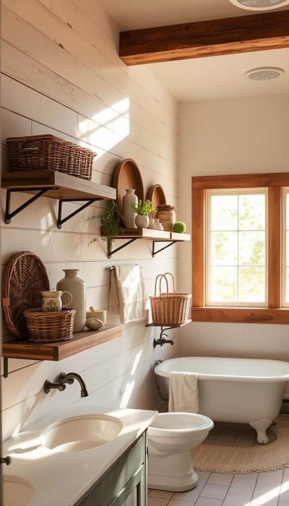A cozy farmhouse bathroom with rustic wooden shelves displaying an artful arrangement of wicker baskets, ceramic vases, and natural greenery. The warm, soft lighting casts a gentle glow, creating a soothing, spa-like ambiance. The shelves are mounted on whitewashed shiplap walls, complementing the worn wooden vanity and clawfoot tub in the background. Sunlight streams in through a large window, illuminating the space and accentuating the timeless charm of the farmhouse aesthetic.