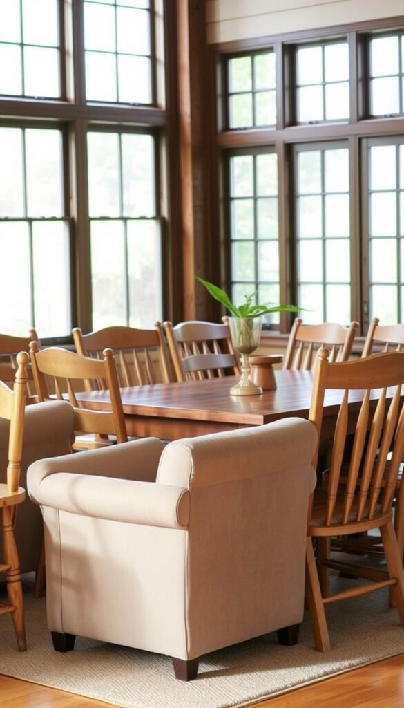 A cozy farmhouse dining area, with a mix of sturdy wooden chairs arranged around a rustic table. In the foreground, a pair of plush, upholstered armchairs in a neutral tone create a welcoming focal point. Surrounding them, a collection of classic ladder-back chairs and simple Windsor-style chairs in a variety of natural wood tones, adding textural contrast and a sense of eclectic charm. Soft, diffused natural light filters in through large windows, casting a warm glow and highlighting the weathered patina of the furniture. The overall scene exudes a relaxed, inviting atmosphere, perfect for casual gatherings and comfortable dining.