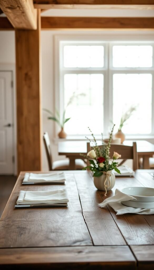 A cozy farmhouse dining room with a muted, neutral color palette. In the foreground, a rustic wooden table is adorned with simple white linen napkins and minimal tableware. The middle ground features a pair of weathered wooden chairs with linen cushions, complementing the earthy tones. In the background, warm-toned wooden beams and white-washed walls create a serene, inviting atmosphere. Soft, diffused natural lighting filters through large windows, casting a gentle glow over the scene. An understated floral arrangement adds a touch of organic elegance, while subtle textures like linen and wood grain provide visual interest. The overall aesthetic is one of understated sophistication, perfectly capturing the essence of a fresh, farmhouse-inspired dining space.