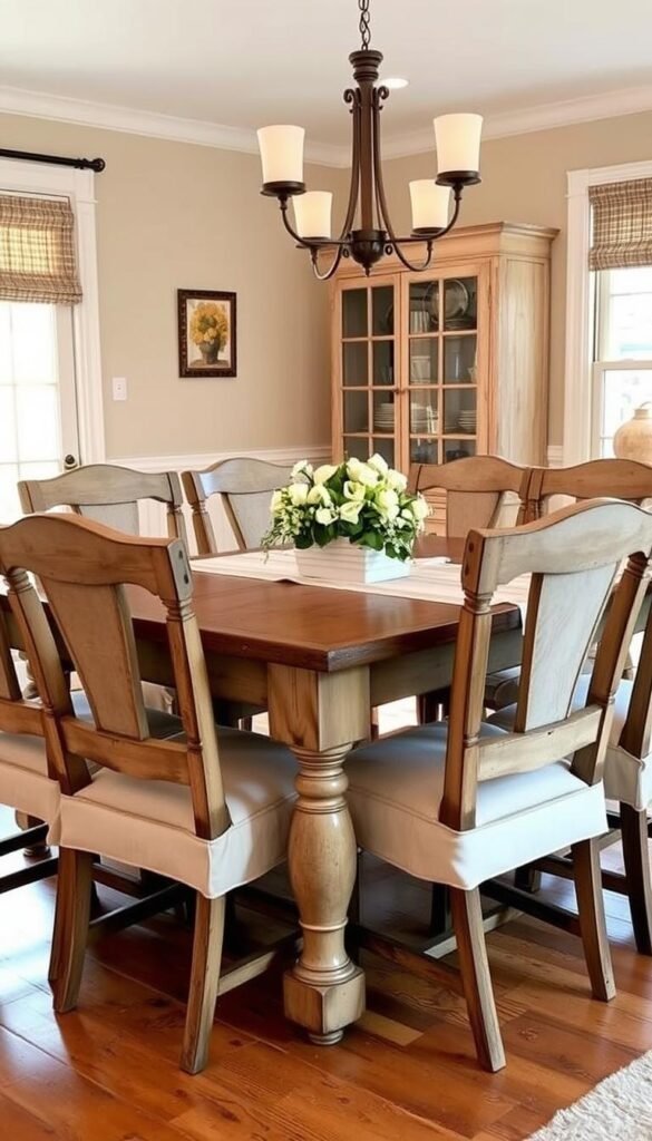 A cozy farmhouse dining room with freshly upholstered, distressed wooden chairs around a rustic farmhouse table. Warm, soft lighting illuminates the scene, casting a gentle glow. The chairs have been carefully refurbished, their once-worn fabric replaced with a neutral linen or cotton blend. The wood has been sanded and stained to a weathered, time-worn finish, complementing the aged patina of the table. Soft, earthy textures and natural accents, such as a simple floral centerpiece, add to the inviting, comfortable ambiance. The overall mood is one of casual elegance and refined rustic charm.