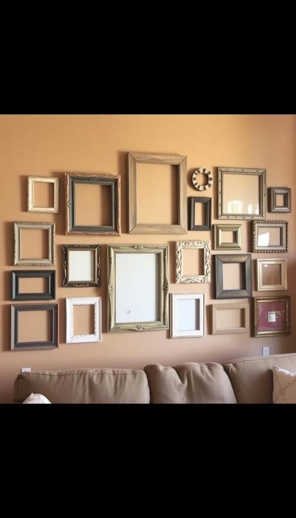 A cozy farmhouse gallery wall featuring a charming arrangement of thrifted picture frames in various shapes and sizes, hung artfully against a warm, neutral-toned wall. The frames showcase an eclectic mix of natural textures, from weathered wood to rustic metal, creating a visually interesting and cohesive display. Soft, diffused lighting illuminates the frames, casting gentle shadows and highlighting the unique character of each piece. The overall composition exudes a sense of homey, vintage-inspired elegance, perfectly complementing the farmhouse aesthetic of the living room.
