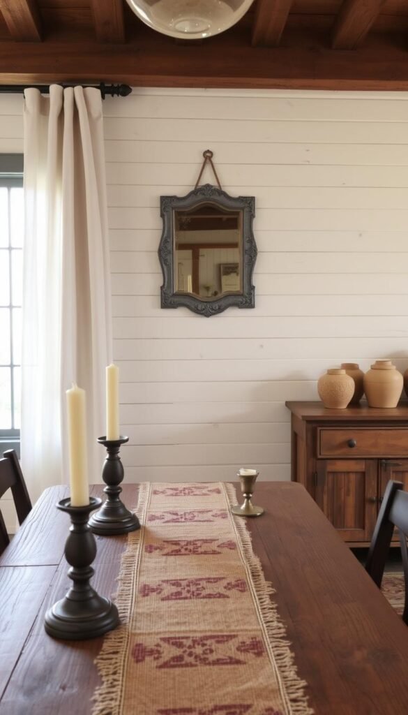 A cozy farmhouse interior with layered textures: a rustic wooden table in the foreground, adorned with a burlap runner and vintage candlesticks; in the middle ground, a shiplap wall with a weathered antique mirror hanging; and in the background, a distressed wood sideboard displaying earthenware pottery. Soft, natural lighting filters through linen curtains, casting a warm glow and creating an inviting, homely atmosphere. The overall scene conveys a sense of timeless, understated elegance, perfectly capturing the charm of a well-curated farmhouse dining space.