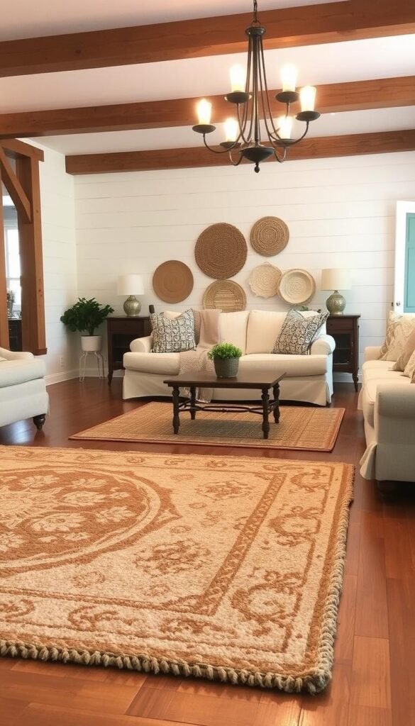 A cozy farmhouse living room with a layered arrangement of textured rugs on the hardwood floor. In the foreground, a thick, plush area rug with a vintage-inspired floral pattern in earthy tones. Overlapping it, a natural jute rug with a subtle striped design, creating a visually interesting layered effect. In the middle ground, a mix of smaller accent rugs in complementary neutral shades, arranged artfully to add depth and dimension. Warm, soft lighting from a rustic chandelier casts a golden glow, enhancing the inviting, homely atmosphere. The background features exposed wooden beams and whitewashed walls, completing the charming farmhouse aesthetic.