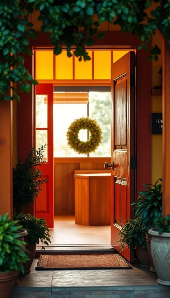 A cozy farmhouse-style front door bathed in warm, cheerful hues of yellow, orange, or red. The door is framed by lush greenery, such as potted plants or a wreath, creating a welcoming and inviting entryway. Soft, diffused natural lighting illuminates the scene, highlighting the texture and character of the wood grain. The door is slightly ajar, inviting guests to step inside and discover the charming interior beyond. The overall atmosphere exudes a sense of warmth, hospitality, and the comforts of a well-loved home.