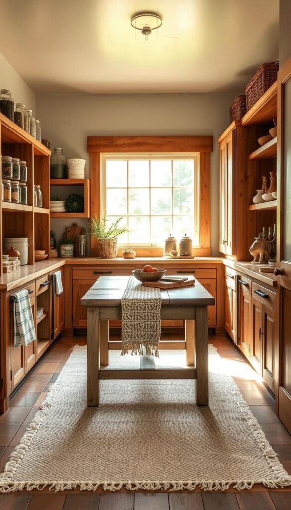 A cozy farmhouse-style storage nook, bathed in warm natural light filtering through a large window. Rustic wooden shelves and cabinets line the walls, housing a curated collection of jars, baskets, and vintage-inspired decor pieces. A weathered wooden table stands in the center, serving as a functional surface for meal prep or display. Soft textures, such as a plush area rug and a knitted throw, add to the inviting ambiance. The overall scene exudes a sense of effortless charm and practical organization, perfectly complementing the fresh, relaxed aesthetic of a farmhouse dining room.
