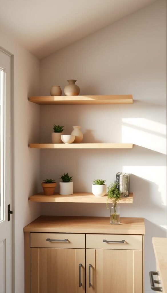 A cozy galley kitchen with two floating shelves elegantly mounted on the wall. The shelves are made of light-toned wood, creating a warm and inviting atmosphere. A soft, directional light from a nearby window casts a gentle glow, accentuating the natural texture of the wood. The shelves are sparsely decorated with a few potted plants, a few simple ceramic vessels, and a few artfully arranged cookbooks, giving the space a minimalist yet functional feel. The kitchen cabinets below are painted in a soft, muted color that complements the wooden shelves, making the space feel airy and open. The overall composition highlights the simplicity and practicality of the floating shelf design, perfectly suited for a small, efficient kitchen.