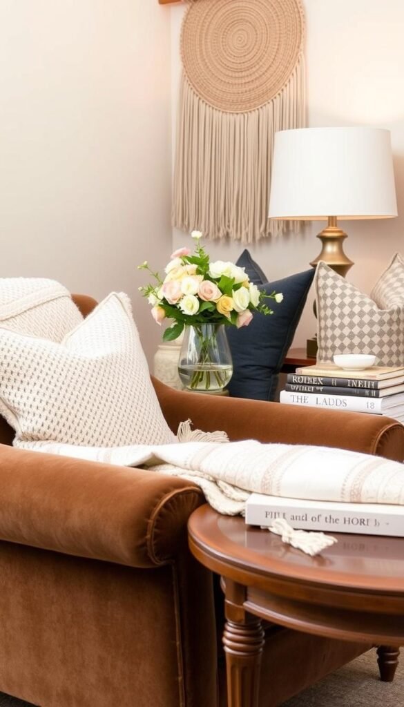 A cozy interior scene showcasing an array of tastefully layered textiles and accessories. In the foreground, a plush velvet armchair is adorned with a soft knitted throw and a collection of decorative pillows in complementary hues and patterns. In the middle ground, a wooden side table displays an artfully arranged vase of fresh flowers, a stack of vintage books, and a delicate ceramic trinket dish. The background features a neutral-toned wall, punctuated by the warm glow of a table lamp and the soft texture of a woven wall hanging. The overall atmosphere is one of refined elegance and personal style, inviting the viewer to imagine how these layers of textiles and accessories could enhance the decor of a personalized living space.