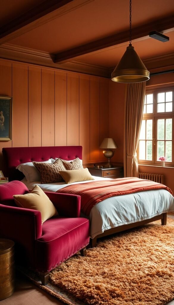 A cozy, inviting bedroom with a warm, rich color palette. Soft, muted tones of amber, terracotta, and ochre create a soothing, intimate ambiance. Lush velvet furnishings in deep burgundy and plush, textured rugs in earthy hues anchor the space. Gentle, diffused lighting from a brass pendant casts a golden glow, complementing the wooden accents and touches of aged brass. The overall atmosphere is one of refined, traditional elegance and comfort, perfect for a relaxing retreat.