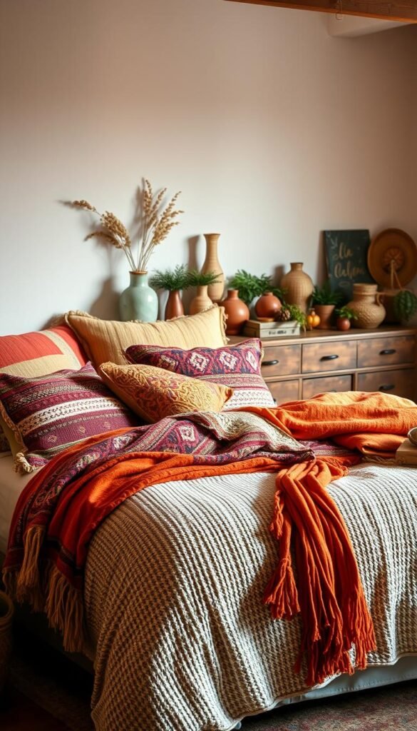 A cozy, inviting boho-style bedroom with vibrant, textured bedding in seasonal colors. The focal point is a plush king-size bed draped in a mix of colorful woven throws, intricate patterned pillows, and a soft, textured duvet cover. Warm, indirect lighting casts a gentle glow, accentuating the natural fibers and earthy tones. In the background, a rustic wooden dresser displays an assortment of decorative vases, potted plants, and woven baskets, creating a layered, harmonious atmosphere. The overall scene conveys a sense of comfort, coziness, and seasonal celebration through the thoughtful blending of boho-inspired textiles and decor.