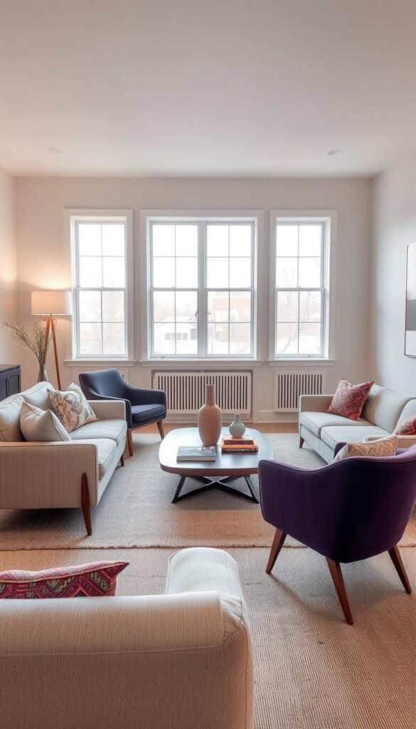 A cozy, inviting living room with a neutral color palette accented by vibrant pops of color. In the foreground, a plush, linen-upholstered sofa in a soft beige hue, complemented by a pair of mid-century modern armchairs in a rich, jewel-toned velvet. The middle ground features a textured, neutral-toned area rug, with a sleek, wooden coffee table adorned with a sculptural vase and artful books. The background showcases a pair of large windows, allowing natural light to flood the space and highlighting the neutral walls, enhanced by the warm glow of a minimalist floor lamp. The overall atmosphere is one of serene sophistication, where the neutral foundations provide a serene backdrop for the pops of color to shine.