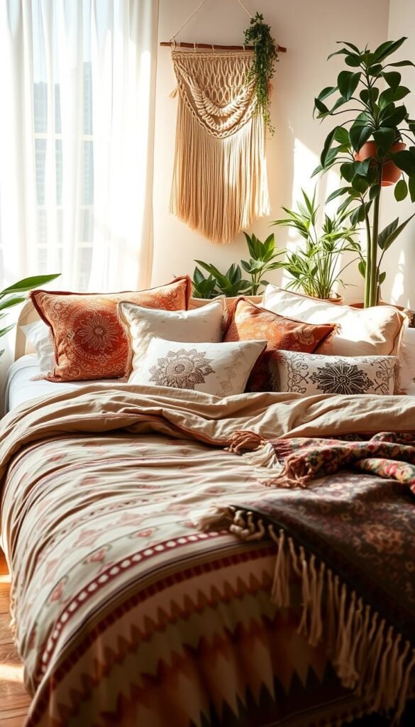 A cozy, layered boho bed, bathed in warm, natural light filtering through sheer white curtains. In the foreground, a plush, inviting duvet cover in earthy tones and textures, adorned with embroidered patterns and tasseled edges. Draped across the foot of the bed, a vibrant patterned throw blanket adds a pop of color. Atop the bed, an assortment of fluffy pillows in various shapes, sizes, and bohemian-inspired prints create a visually captivating display. In the background, a macrame wall hanging and an array of potted plants create a lush, organic atmosphere, transporting the viewer to a serene, inviting space.