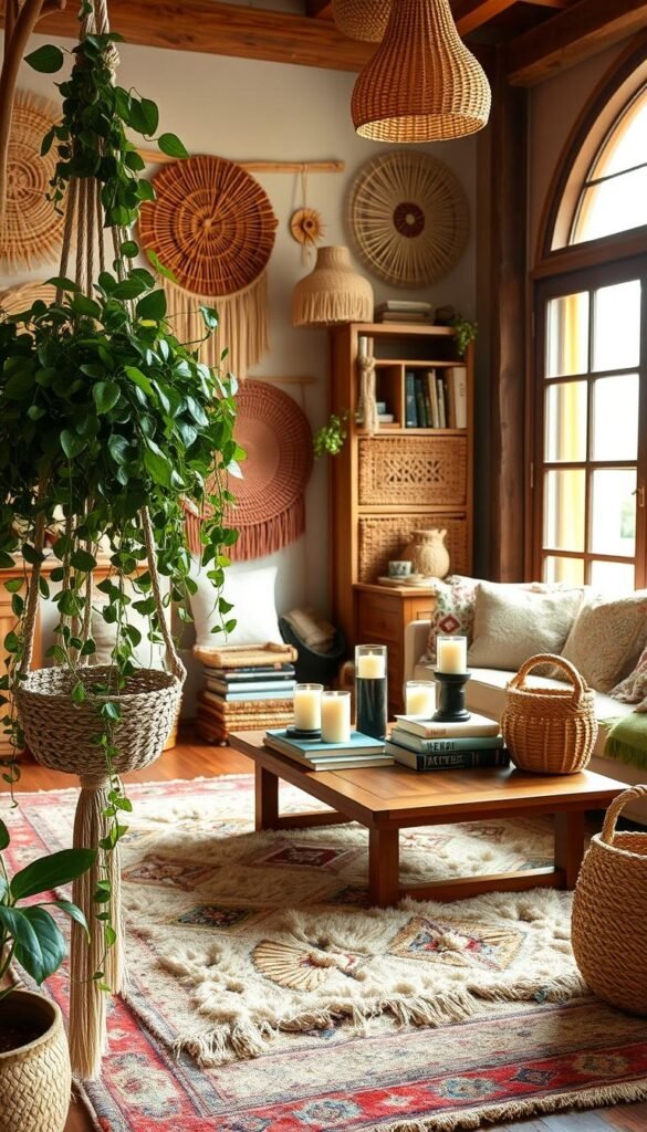A cozy, layered boho-chic interior with rich, textured accents. In the foreground, a lush, trailing potted plant cascades over a macrame plant holder. In the middle ground, a plush, patterned rug covers the floor, with a low, wooden coffee table topped with stacks of books, candles, and woven baskets. The background features a mix of natural textures - woven wall hangings, a rustic wooden bookshelf, and a large window that floods the space with warm, diffused sunlight. The overall atmosphere is one of relaxed, eclectic comfort, inviting exploration and inspiration.