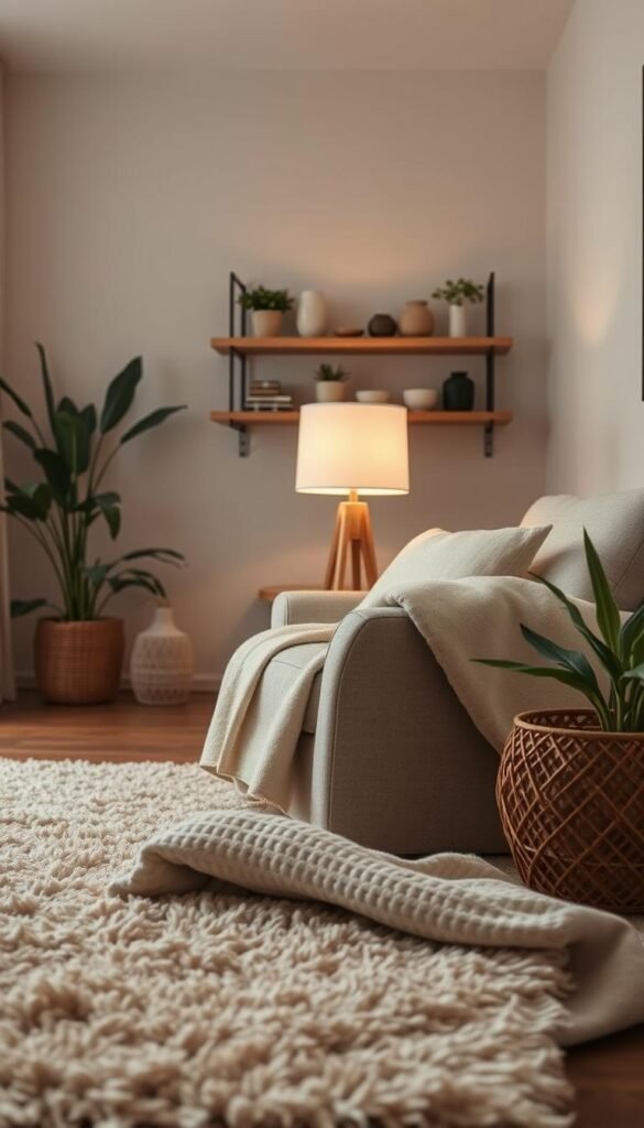 A cozy living room bathed in a serene monochromatic palette. The foreground features plush, neutral-toned textiles - a soft, oversized throw blanket draped over a linen armchair, and a shag rug underfoot. In the middle ground, a wooden side table supports a single, minimalist table lamp casting a warm, diffused glow. The background showcases muted, earthy-toned walls and clean-lined shelving displaying various ceramics and plants, creating a calming, harmonious atmosphere. Captured with a wide-angle lens, the scene exudes a sense of tranquility and comfort.