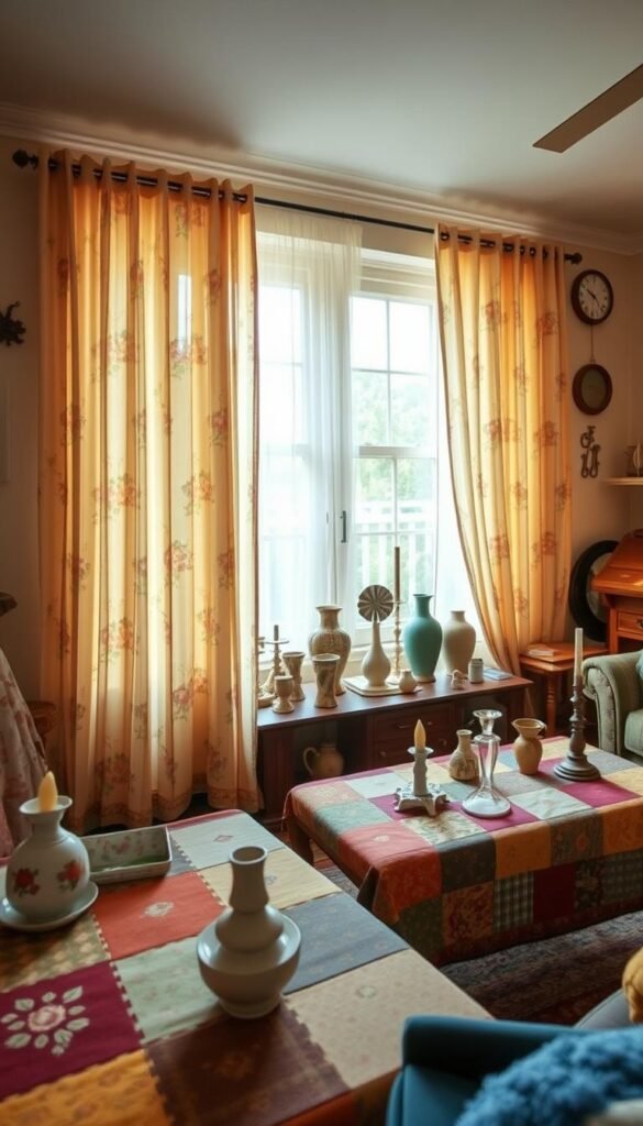A cozy living room filled with a vibrant collection of thrifted home decor. In the foreground, a set of sheer, floral-patterned curtains cascades from the windows, softly filtering the warm, natural light. On the coffee table, a patchwork tablecloth in earthy tones and whimsical designs draws the eye. Scattered throughout the scene are vintage vases, candlesticks, and other eclectic finds, all artfully arranged to create a charming, lived-in ambiance. The overall mood is one of relaxed elegance, as if this space has been thoughtfully curated over time. A wide-angle lens captures the scene, highlighting the harmony of the thrifted textiles and accessories within the welcoming, cozy atmosphere.