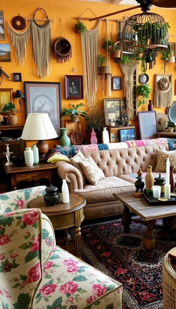 A cozy living room filled with an eclectic arrangement of thrifted textiles and home decor. In the foreground, a vintage floral armchair sits beside a weathered wooden side table adorned with a collection of mismatched vases and candle holders. In the middle ground, a plush, tufted sofa is draped with a vibrant, patchwork quilt, complemented by a distressed coffee table displaying an assortment of repurposed trinkets. The background features a warm, natural-lit wall, accented by a mix of framed wall hangings, macrame, and hanging plants, creating a harmonious, bohemian-inspired ambiance.