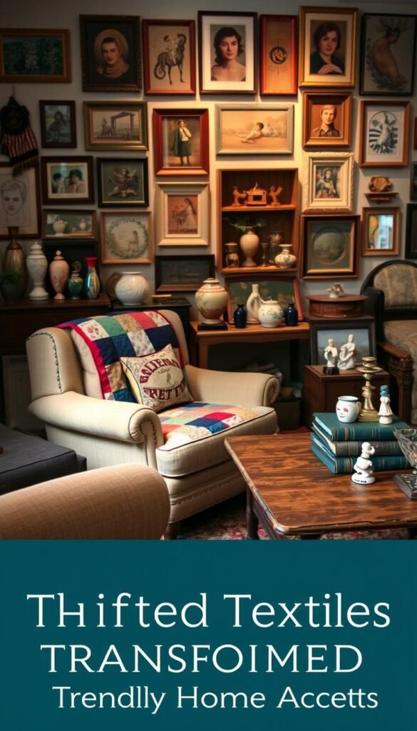 A cozy living room filled with an eclectic mix of thrifted home decor. In the foreground, a plush vintage armchair adorned with a colorful patchwork quilt, accompanied by a side table displaying a collection of mismatched vases and ceramic figurines. In the middle ground, a reclaimed wood coffee table holds a stack of old hardcover books and a tarnished brass candlestick. The background features a wall adorned with a gallery of framed thrifted art and wall hangings, casting a warm glow from the soft, ambient lighting. The overall scene exudes a sense of character, charm, and a unique personal touch, perfectly capturing the essence of "Thrifted Textiles Transformed: Trendy Home Accents."