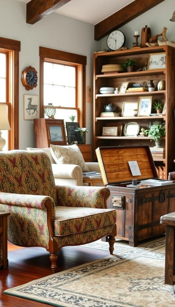 A cozy living room filled with meticulously upcycled furniture pieces. In the foreground, a vintage armchair reupholstered in a vibrant paisley pattern, its worn wooden frame refinished to a warm honey hue. On the middle ground, a repurposed side table made from a weathered trunk, its lid opened to reveal hidden storage. In the background, a striking bookshelf constructed from salvaged barn wood, housing an eclectic mix of thrifted decor and curated knickknacks. Soft, natural lighting filters through large windows, casting a welcoming glow and highlighting the character and charm of these one-of-a-kind treasures. A harmonious blend of rustic, industrial, and modern elements that exude a sense of warmth, personality, and budget-conscious style.