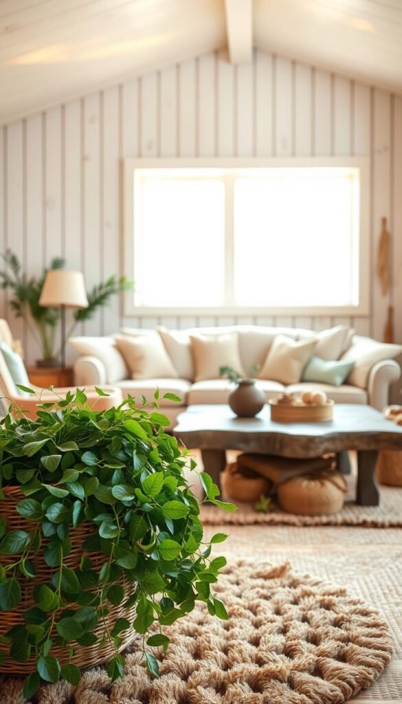 A cozy living room filled with natural materials, bathed in warm, ambient lighting. In the foreground, a plush, earthy-toned area rug and a woven basket overflowing with lush greenery. Wooden side tables and a sturdy, rustic coffee table anchor the scene. In the middle ground, a comfortable sofa and armchair upholstered in soft, textured fabrics complement the natural elements. The background features whitewashed wood paneling, with a large window allowing natural light to pour in, casting a golden glow throughout the space. Subtle reflections of the natural materials create a serene, harmonious atmosphere.