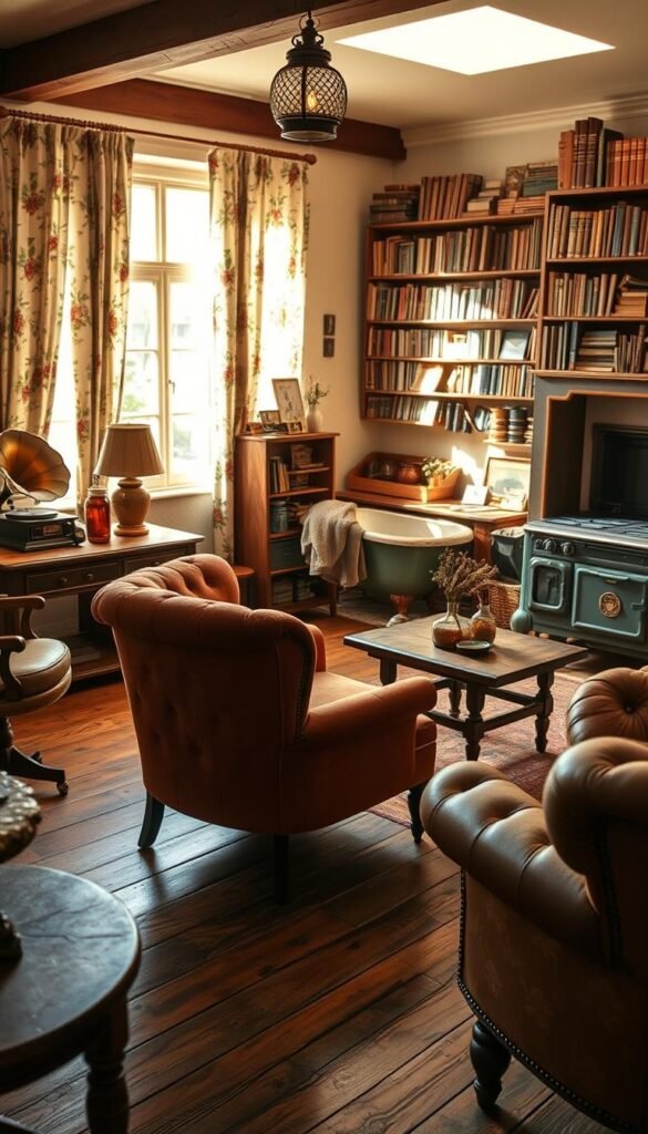 A cozy living room filled with vintage armchairs, a tufted velvet sofa, and a wooden coffee table adorned with antique vases and lamps. Warm light filters through floral curtains, casting a soft glow on the worn hardwood floors. In the corner, a gramophone plays a crackling jazz record, complementing the aged charm of the space. The camera angle captures a composition that showcases the layered textures and timeless elegance of this vintage-inspired interior. A quaint kitchen with a farmhouse-style table, mismatched chairs, and a cast-iron stove in the background. Jars of preserves and bundles of dried herbs line the rustic shelves, while a vintage enamel sink and claw-foot tub add to the nostalgic ambiance. The image is framed to highlight the harmonious blend of old and new, creating a warm and inviting atmosphere. A cozy study with a tufted leather armchair, a weathered wooden desk, and a towering bookshelf filled with well-worn volumes. Sunlight streams through a large window, casting soft shadows on the