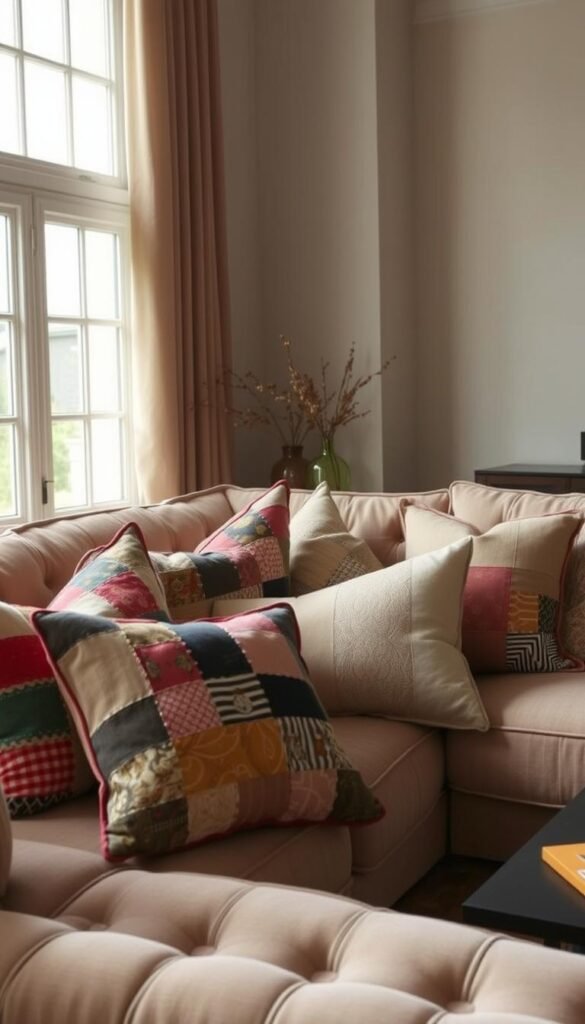A cozy living room interior, with a stylish seating arrangement featuring an array of decorative throw pillows made from upcycled textile waste. The pillows are arranged artfully on a plush, neutral-toned couch, creating a warm and inviting atmosphere. The pillows showcase a variety of patterns, textures, and colors, from vibrant patchwork designs to soft, muted tones, all derived from repurposed fabric scraps. Soft, diffused lighting filters through large windows, casting a gentle glow on the pillows and accentuating their unique, handcrafted aesthetic. The overall scene conveys a sense of sustainability, creativity, and a harmonious blend of form and function.