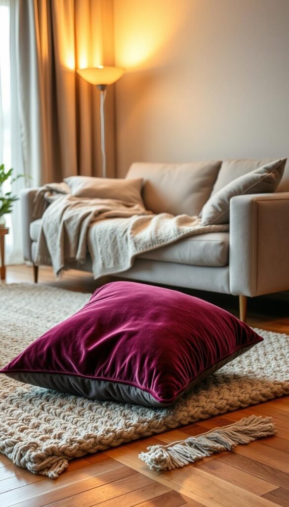 A cozy living room scene with an elegant arrangement of layered textiles for maximum comfort. In the foreground, plush velvet throw pillows in rich jewel tones nestle against a thick woven blanket in an earthy neutral shade. In the middle ground, a luxurious, high-pile area rug in a soft, muted palette covers the hardwood floor, its texture inviting bare feet. Behind, draped across a modern, low-profile sofa, a heavy linen curtain in a complementary color palette adds depth and dimension. Warm, indirect lighting from a sleek floor lamp casts a golden glow, enhancing the sumptuous textures and creating an atmosphere of tranquil relaxation.
